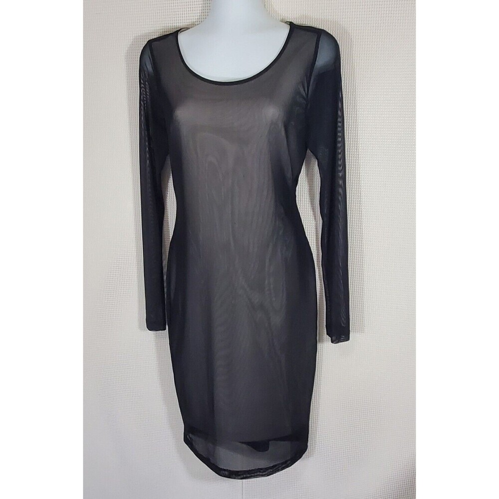 Carmen Marc Valvo Dress Medium Black Sheer Mesh Overlay Nude BodyCon Sheath - Picture 2 of 11